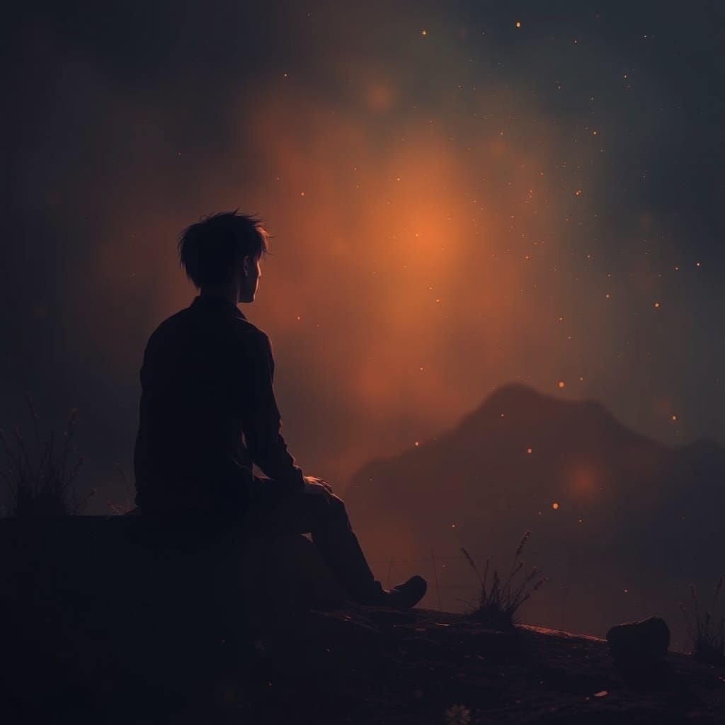 Ethereal Landscape: Contemplative Figure Amidst Stardust