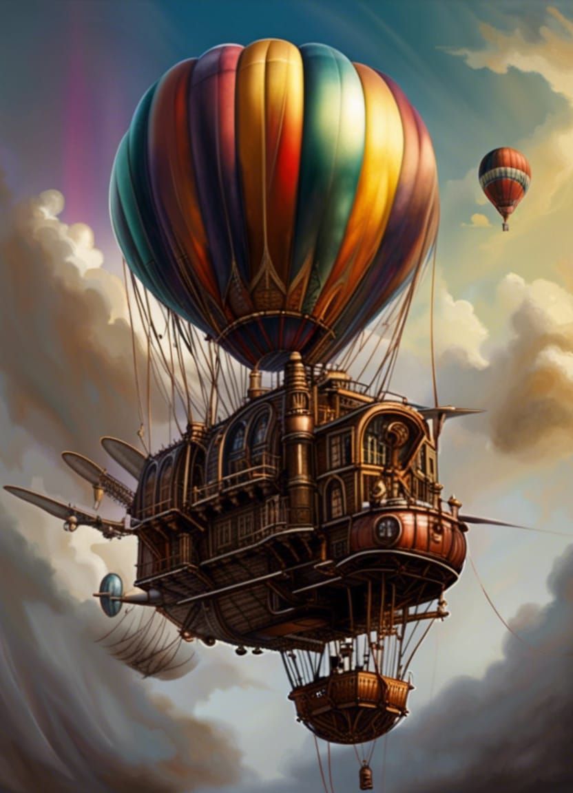 Steampunk Balloon Aircraft over Budapest in Detailed Matte P...