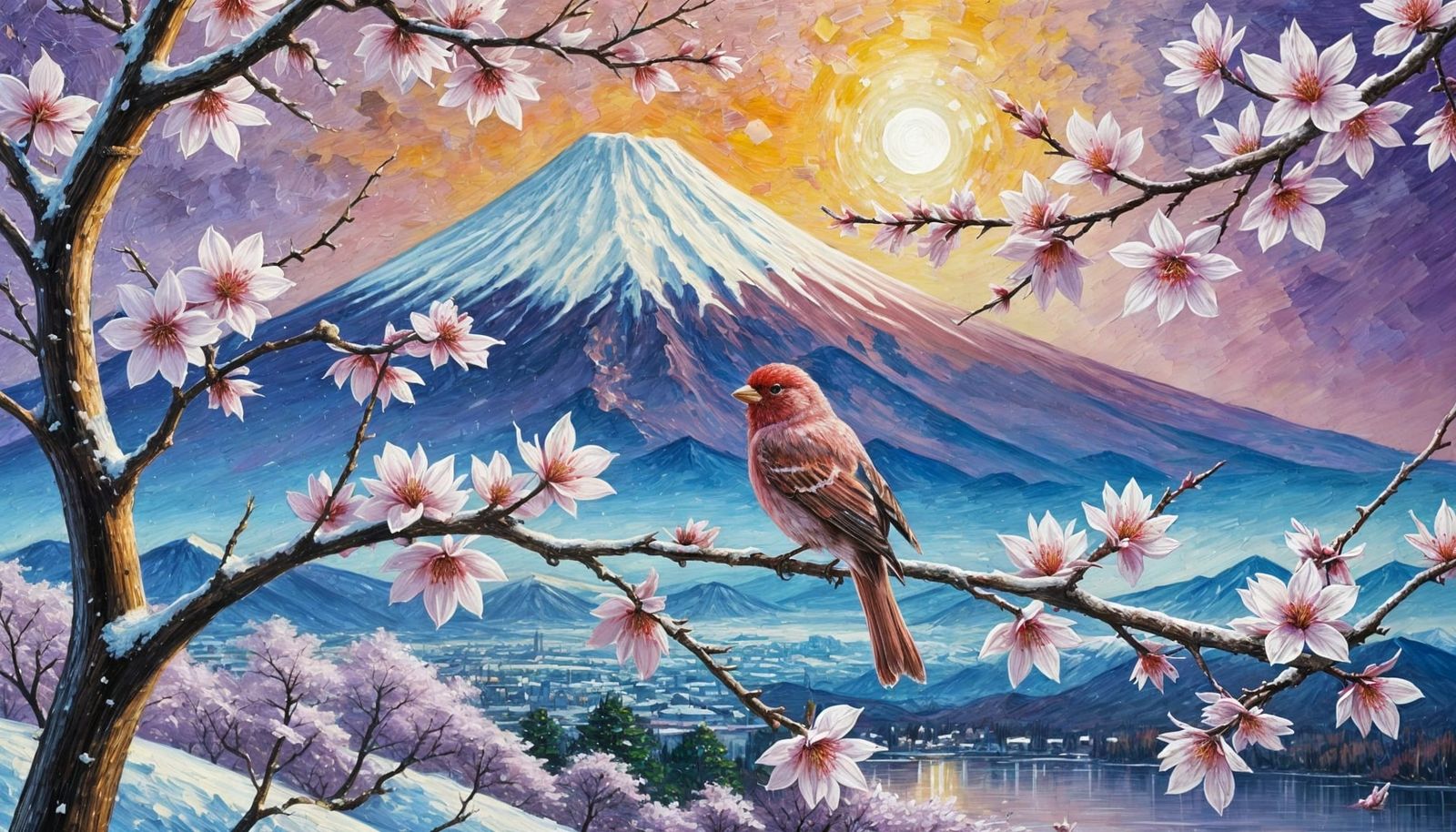 Sakura Blossoms in Frosty Winter at Mount Fuji with a Perche...