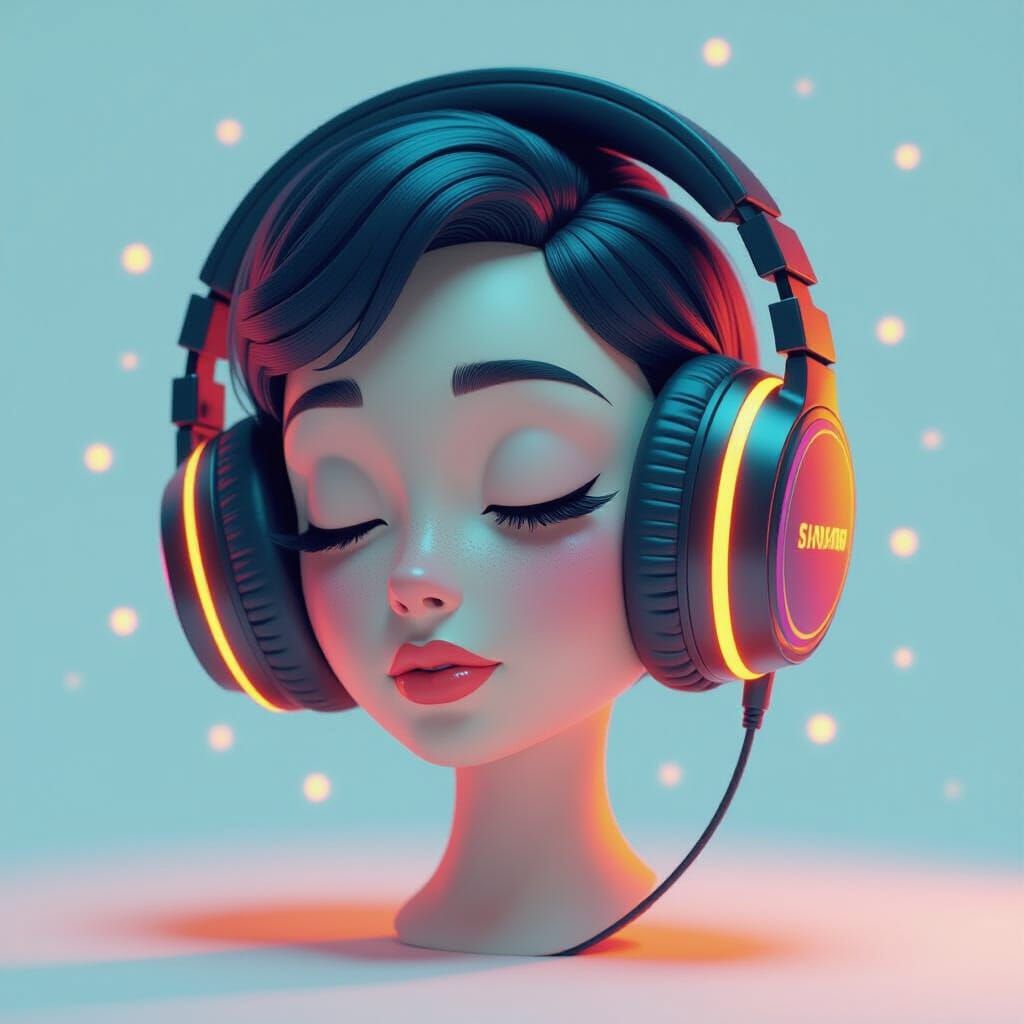 Cartoon Head Bouncing with Hyperrealistic Headphones