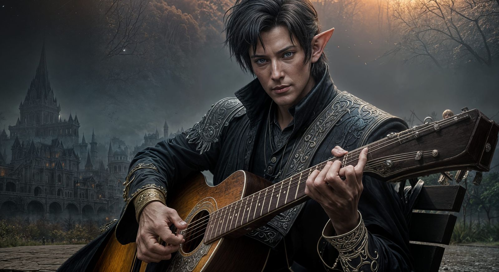 Elfis playing the guitar on a park bench in Memphis