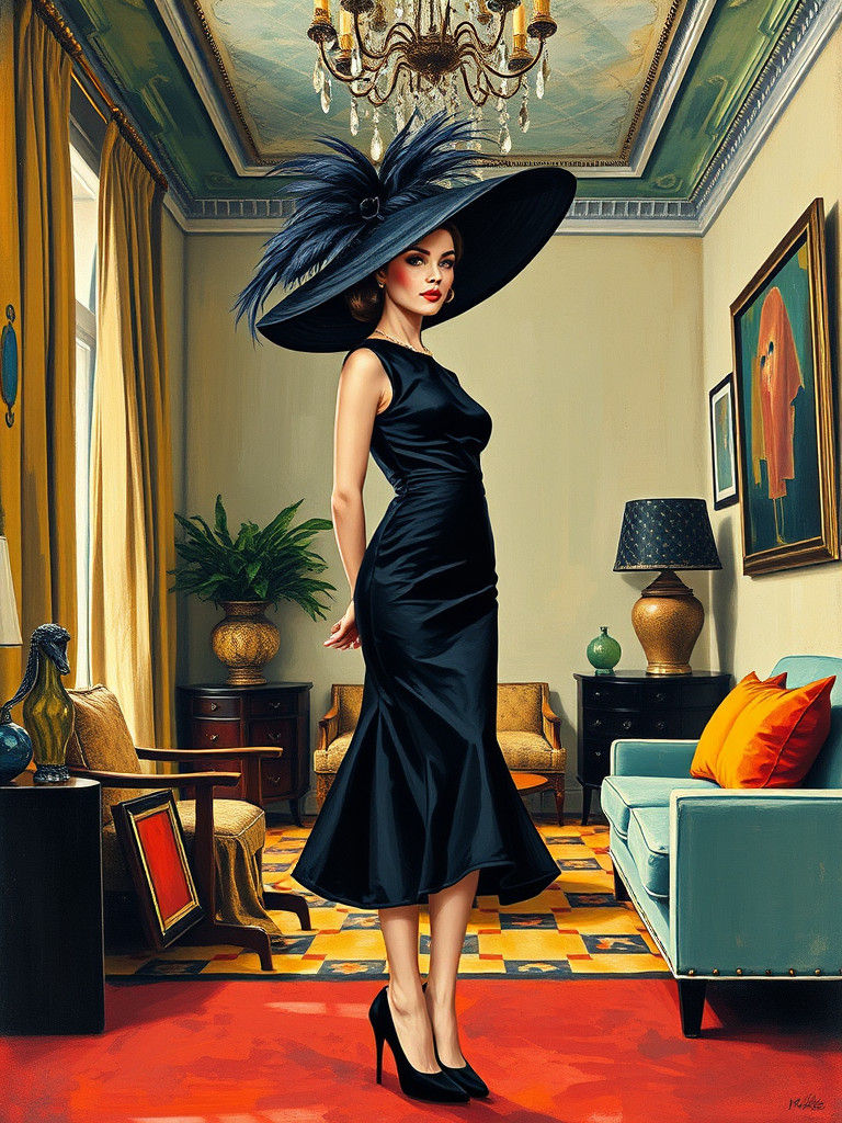 1960s Fashion Woman in Oversized Hat, Impasto Painting