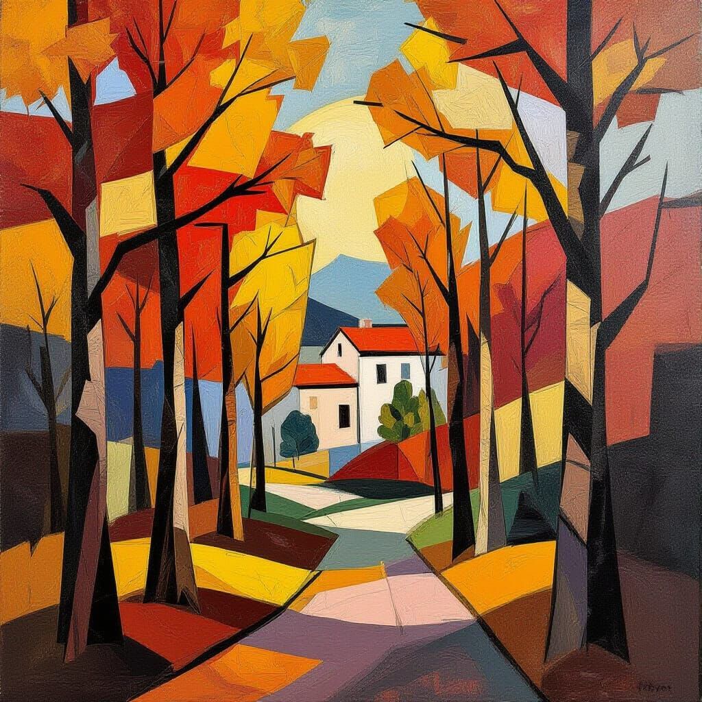Cubist Autumn Trees in Golden Light
