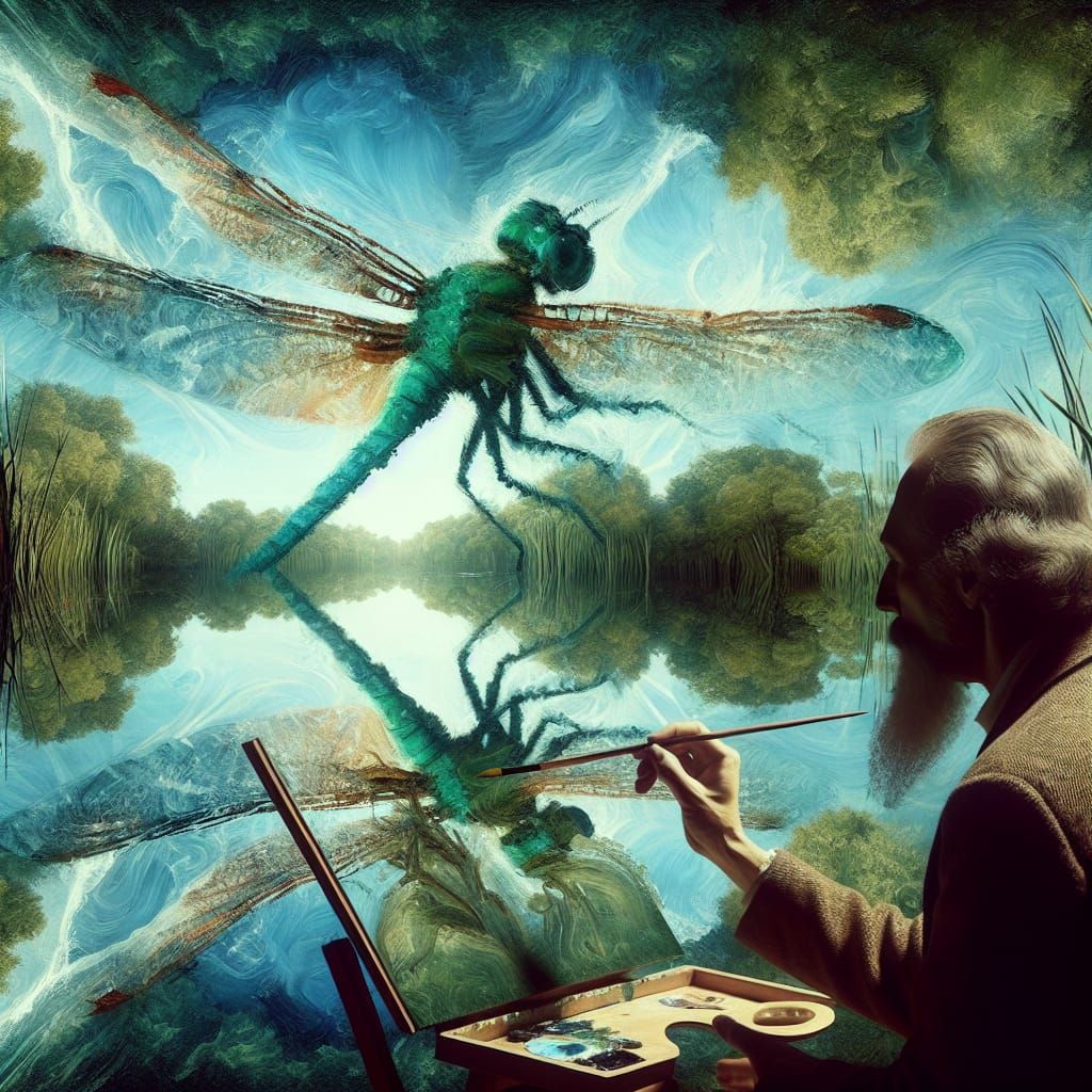 Surreal Impasto Painting of Artist Painting Dragonfly