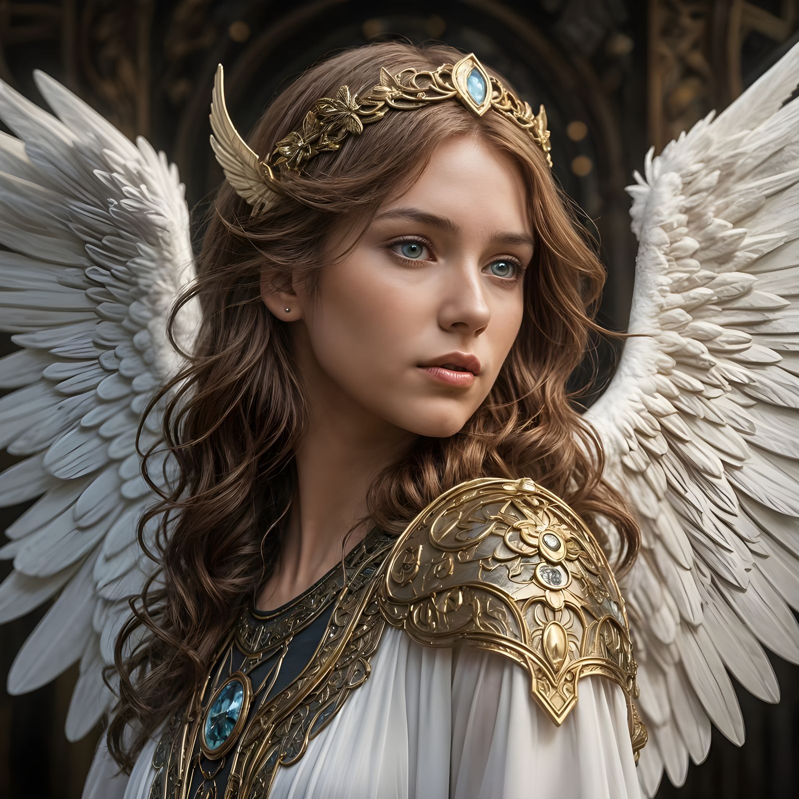 Pre-Raphaelite Angel in Black and Gold Armour