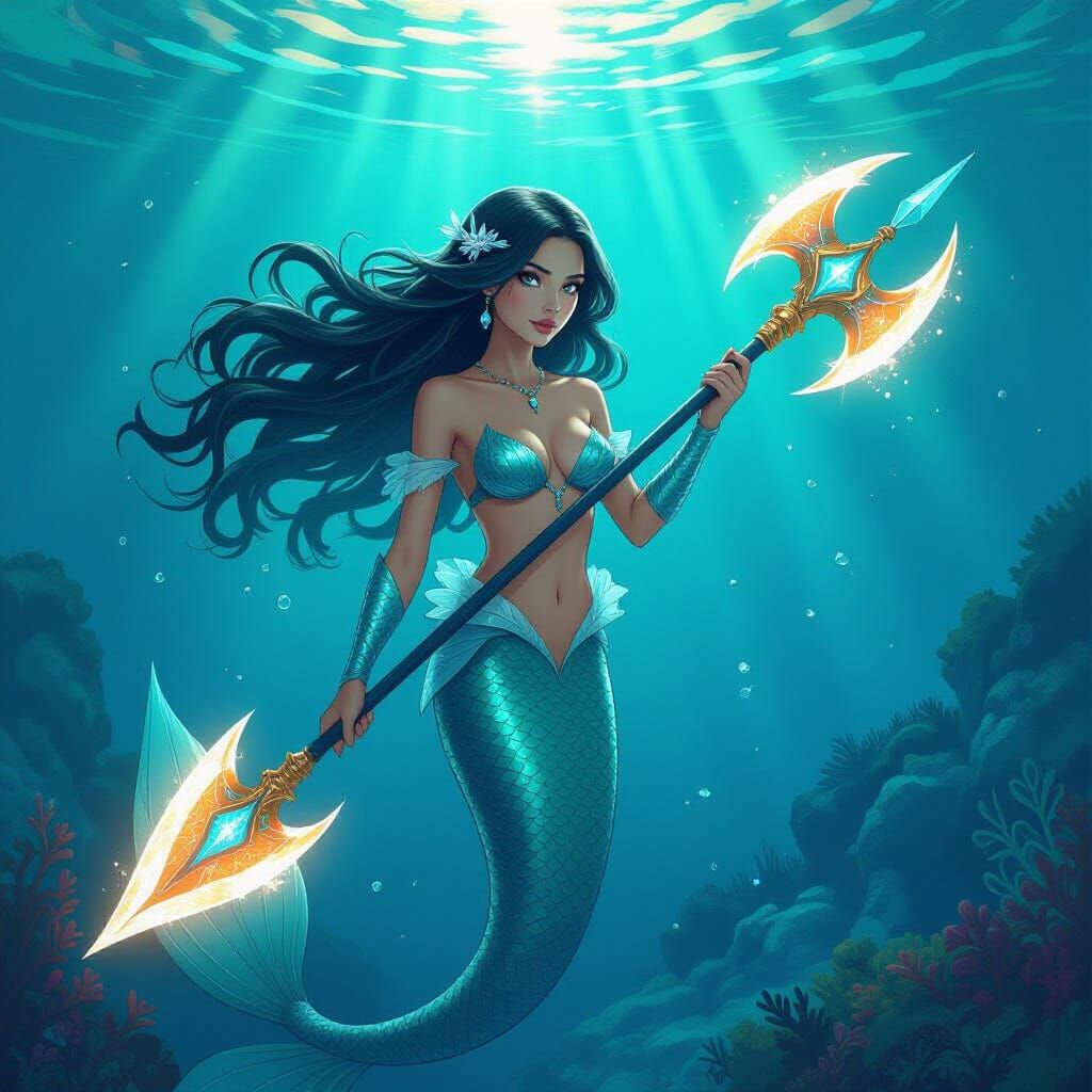 Enchanted Mermaid with Glowing Halberd in Underwater Realm