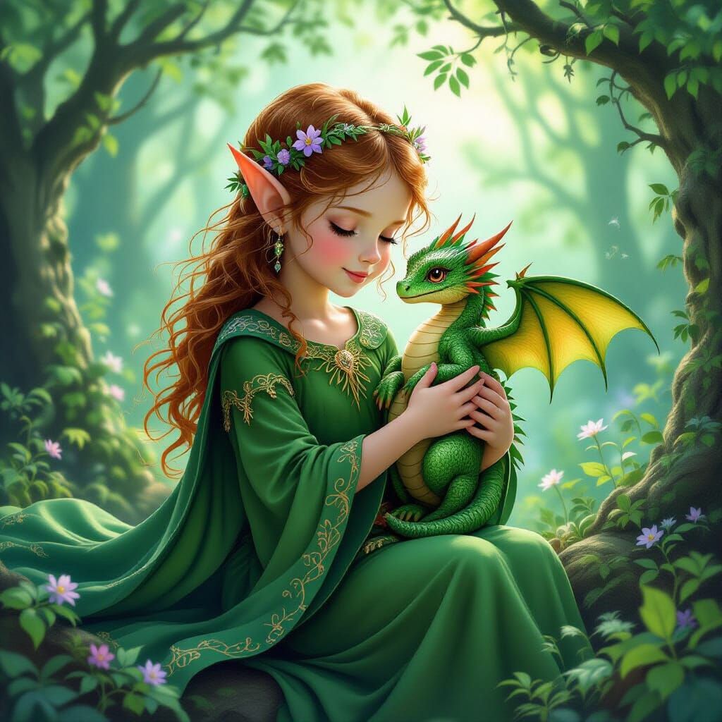 Elf with Dragon in Whimsical Forest