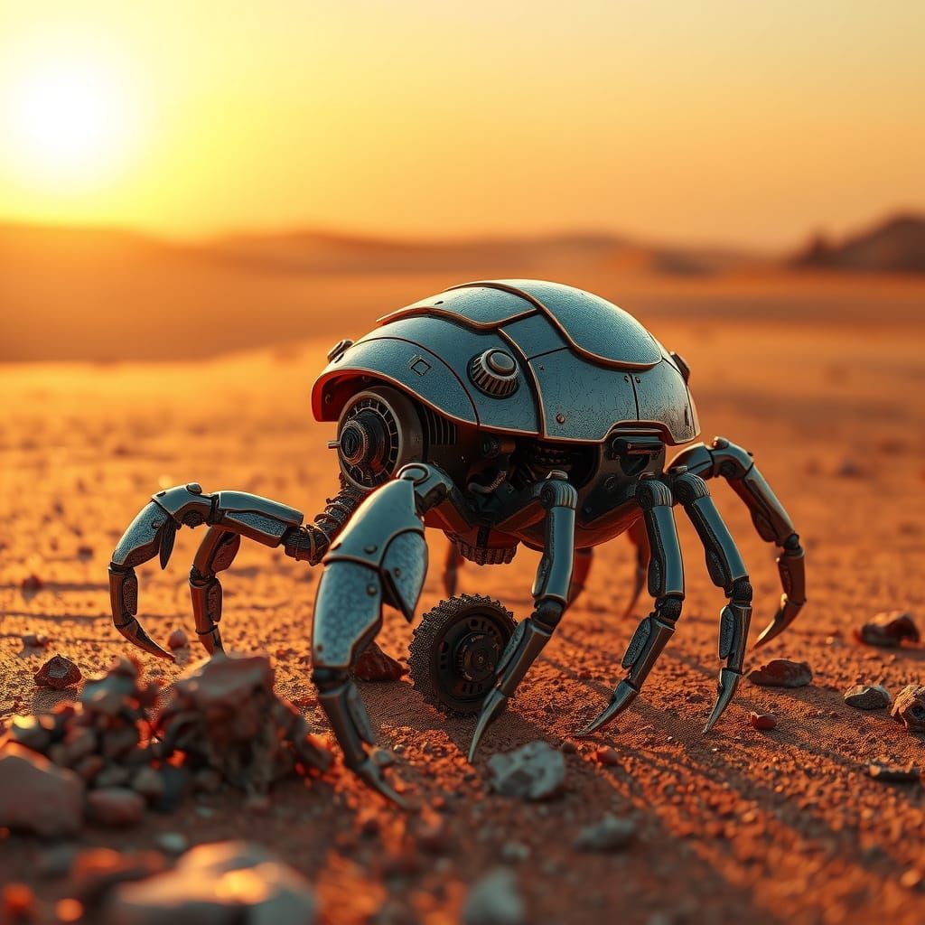 Cybernetic Crab Digs Minerals in Futuristic Desert Landscape