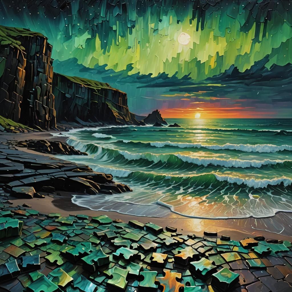 Aurora Borealis Jigsaw Puzzle: Impasto Oil Painting