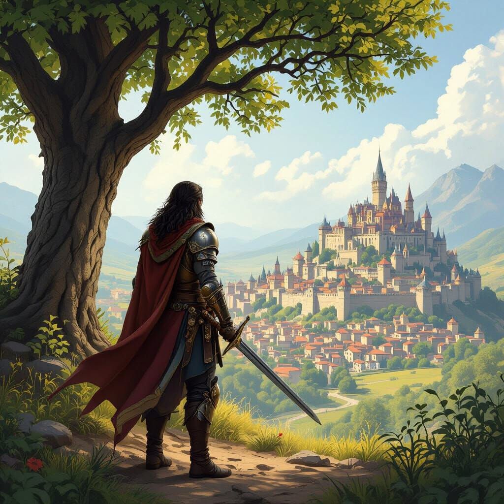 Knight Gazes Over Distant Kingdom in Dramatic Fantasy Style