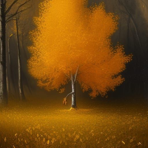 Magical Golden Aspen Tree in Gothic Oil Painting Style