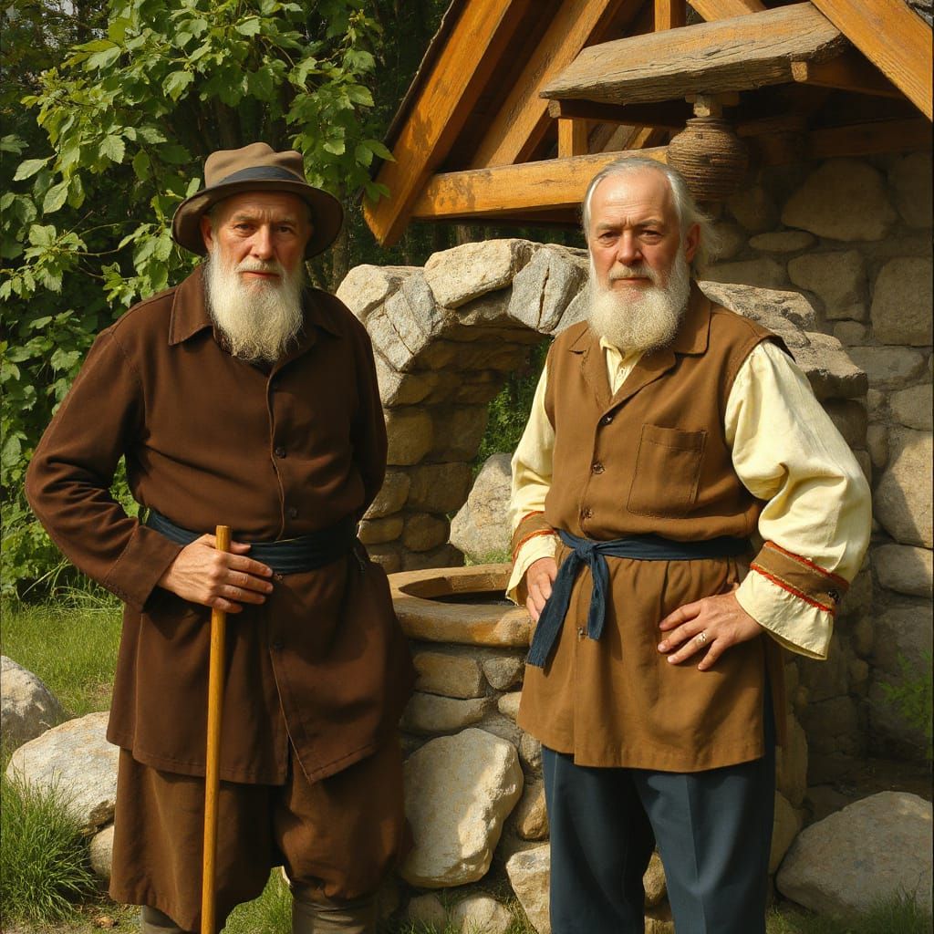 Estonian Men in Traditional Clothing Near Stone Well
