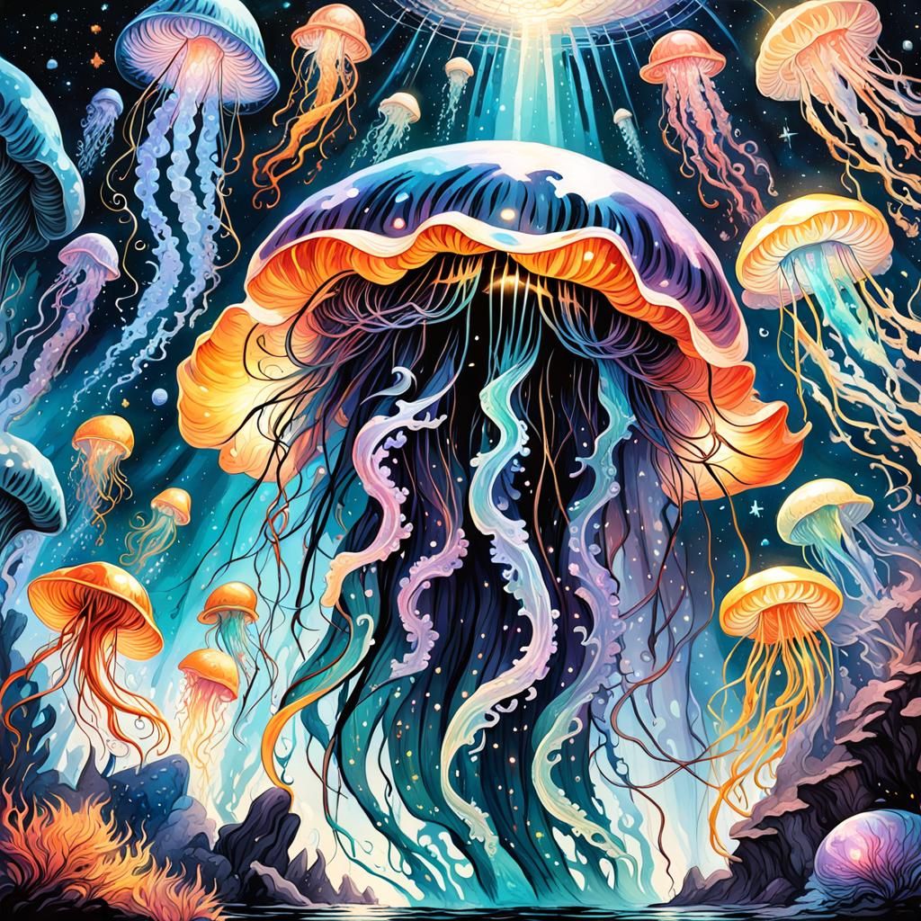 Ethereal Jellyfish in Deep Space With Crystalline Structures