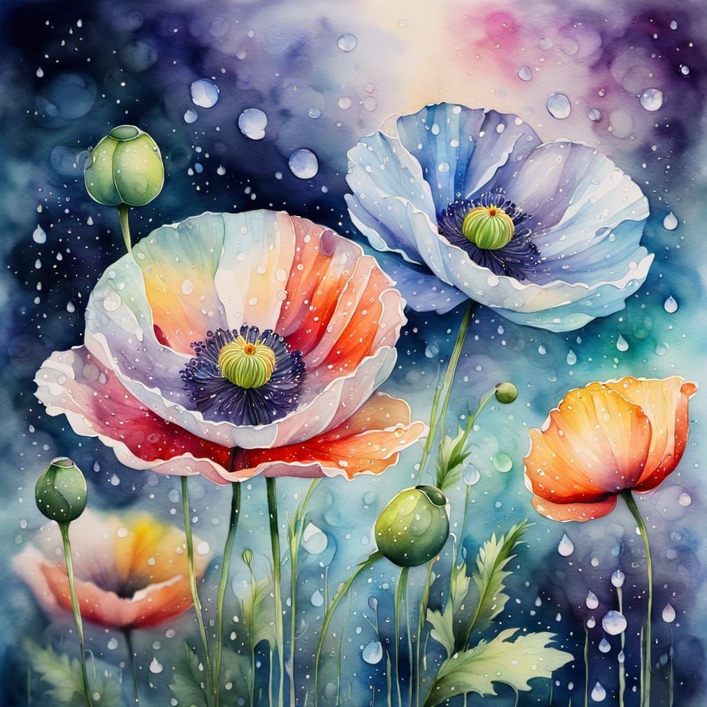 Ethereal Watercolor Poppy with Luminous Dew