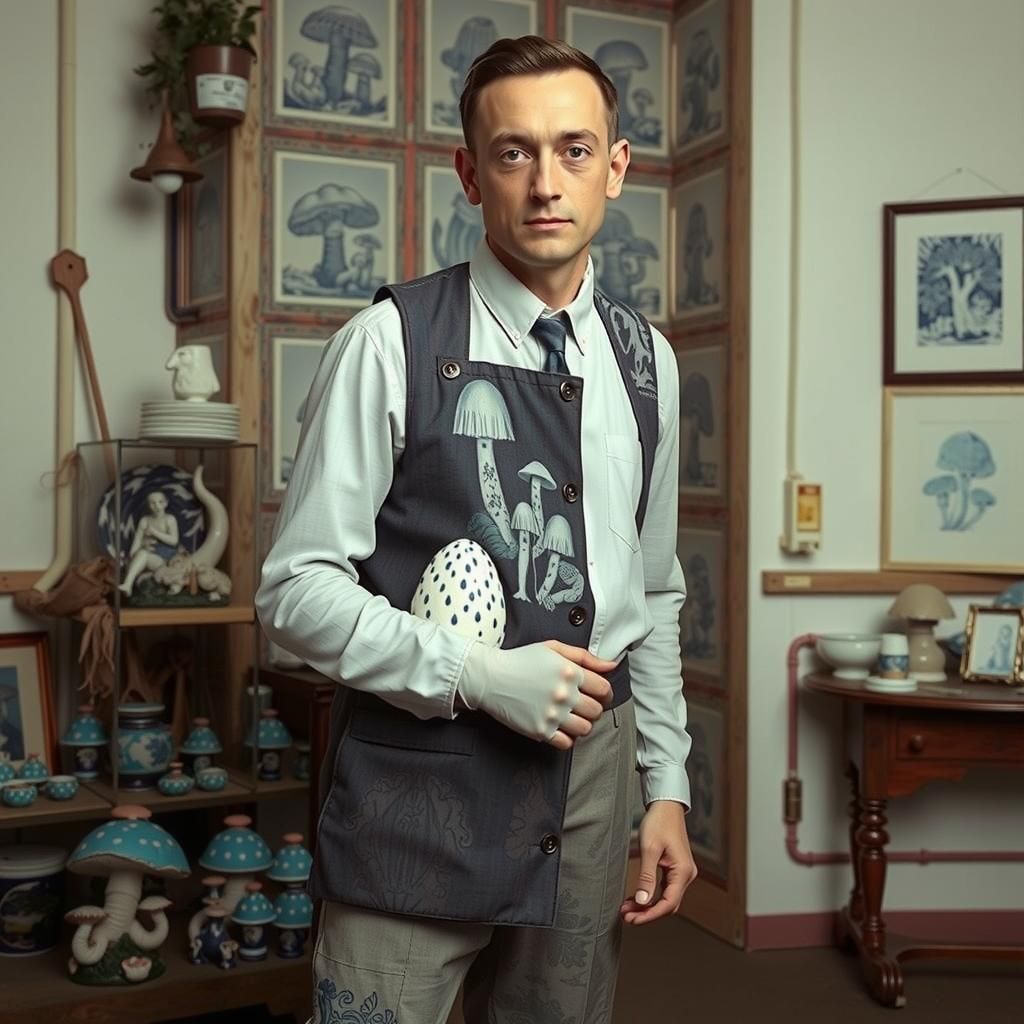 Mushroom Workers in Linocut Print Landscape