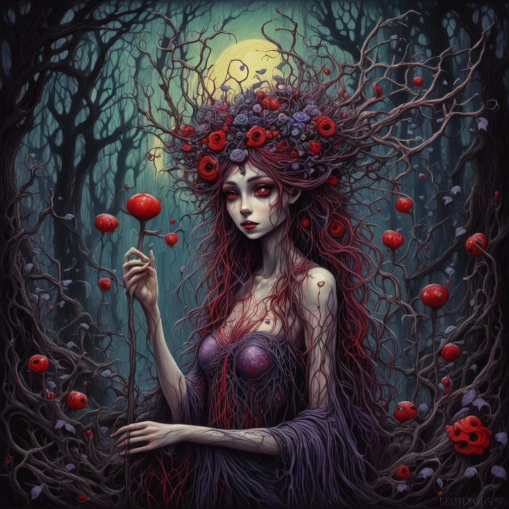 Dryad Enchantress in Bioluminescent Forest, Chalk Art