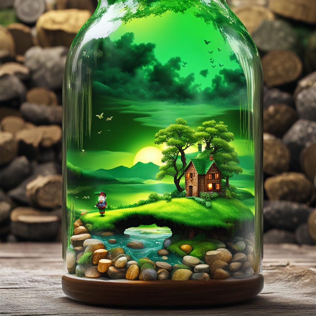 Irish Landscape and Leprechaun in a Bottle
