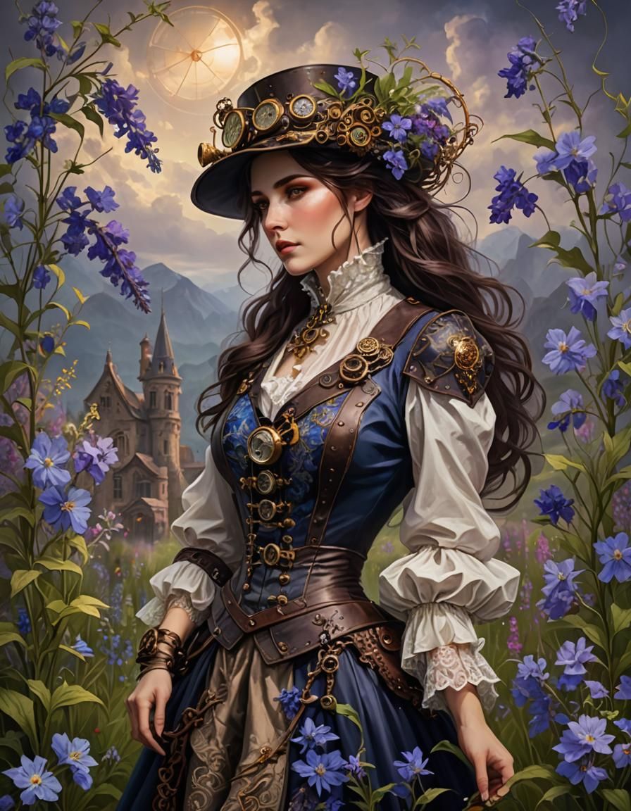 Steampunk Woman Intertwined with Larkspur in Chiaroscuro