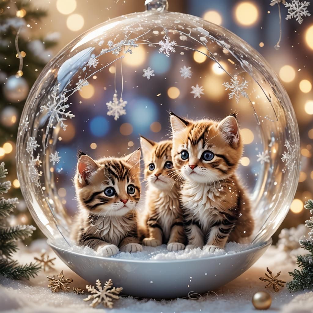 Kittens in Snow Globe: Whimsical Winter Illustration