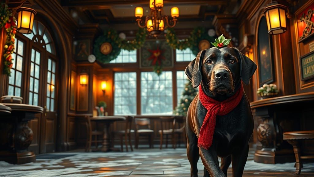 Warm Irish Pub Scene with Excited Chocolate Labrador