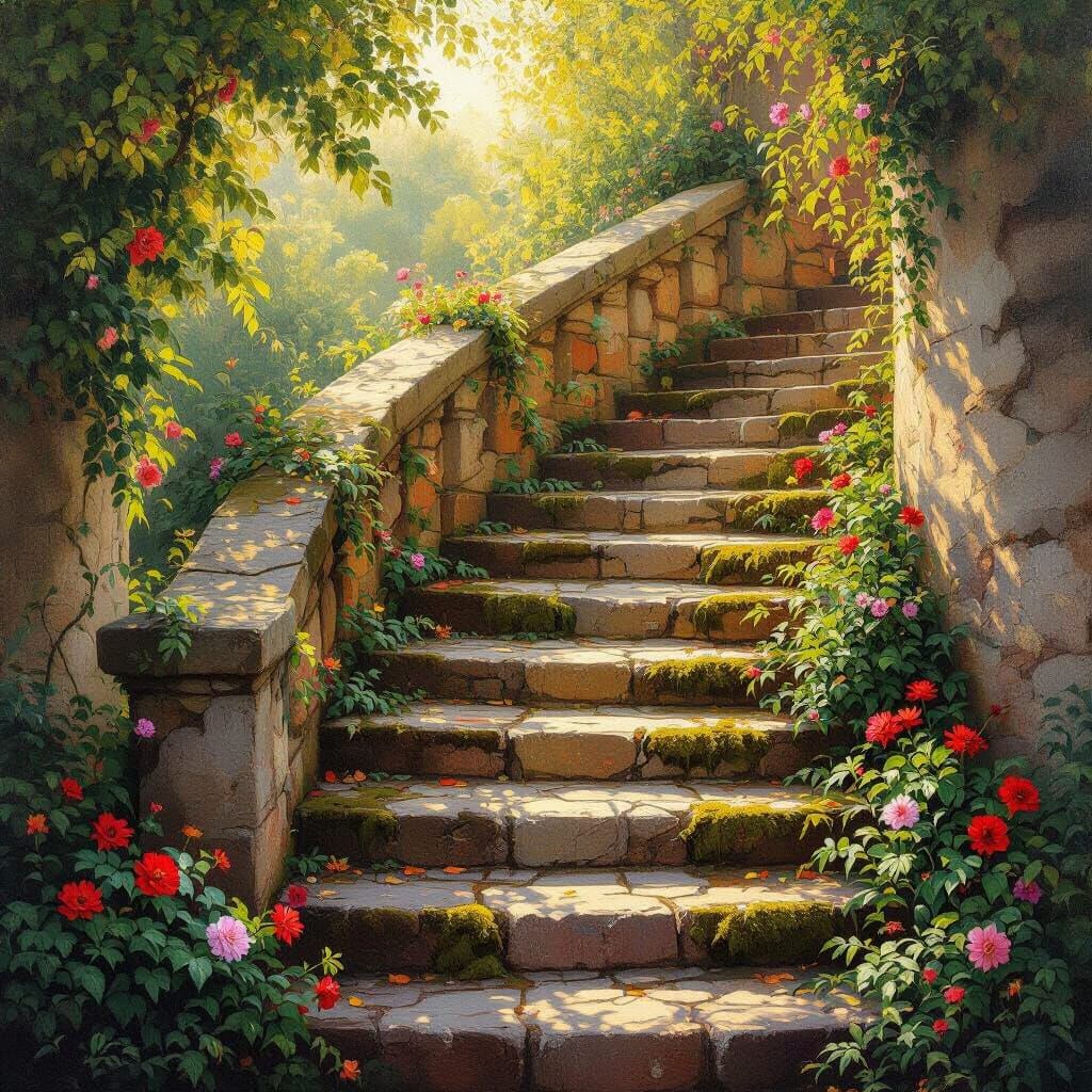 Impressionistic Stone Staircase in Lush Garden
