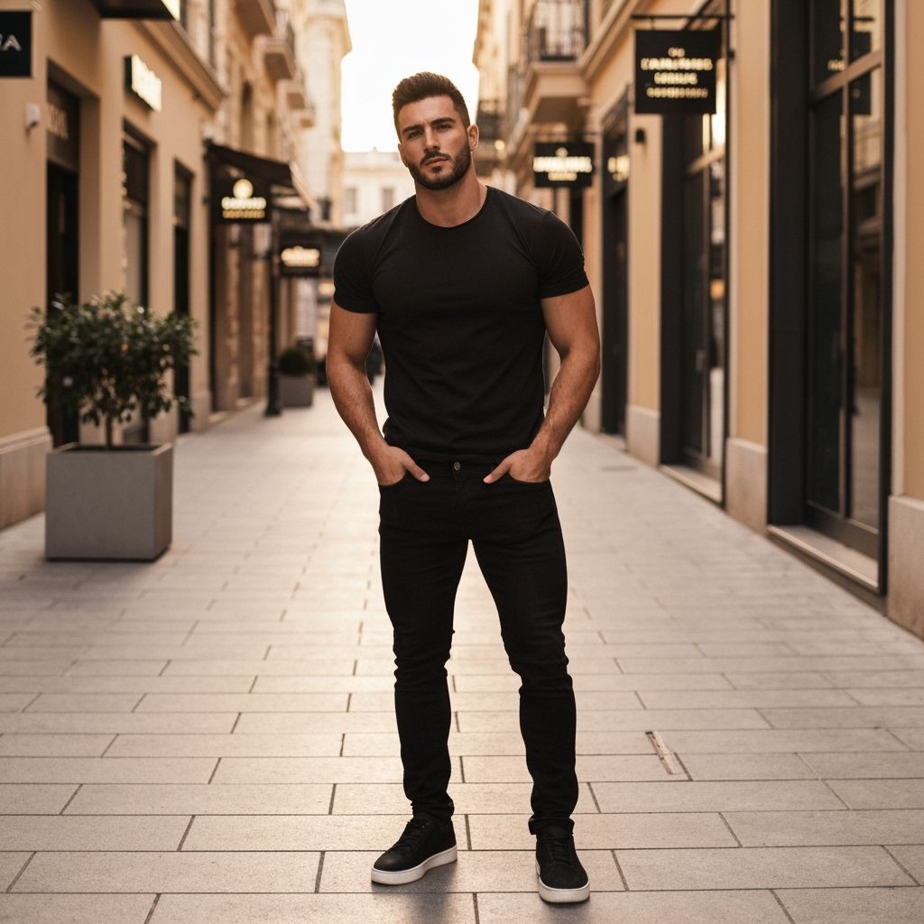 Athletic Mediterranean Man on Elegant Downtown Street