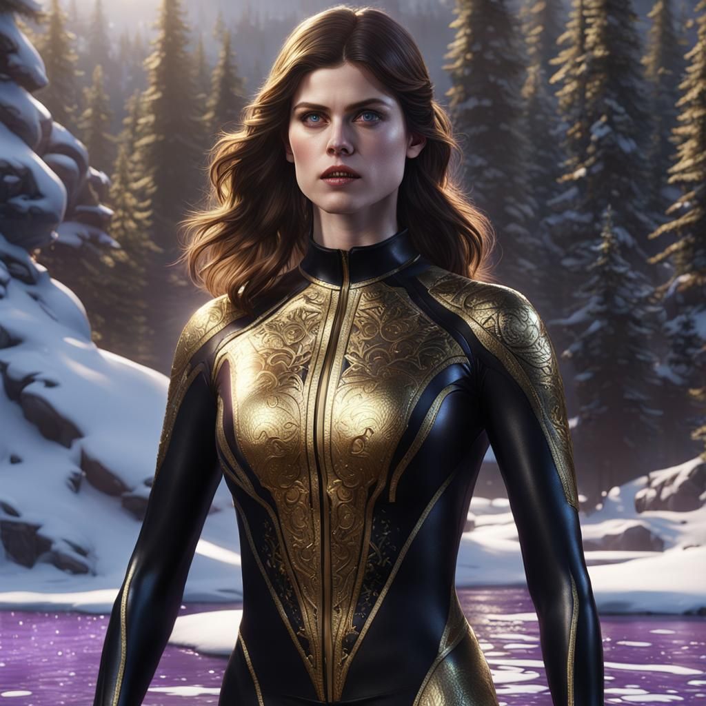 Alexandra Daddario in Gold Wetsuit: Hyperdetailed Dark Fanta...