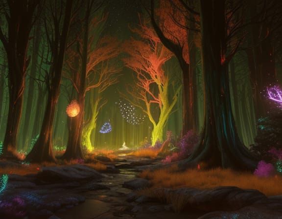 Hyper Realistic Bioluminescent Forest in Vibrant, Moonlit Hu...
