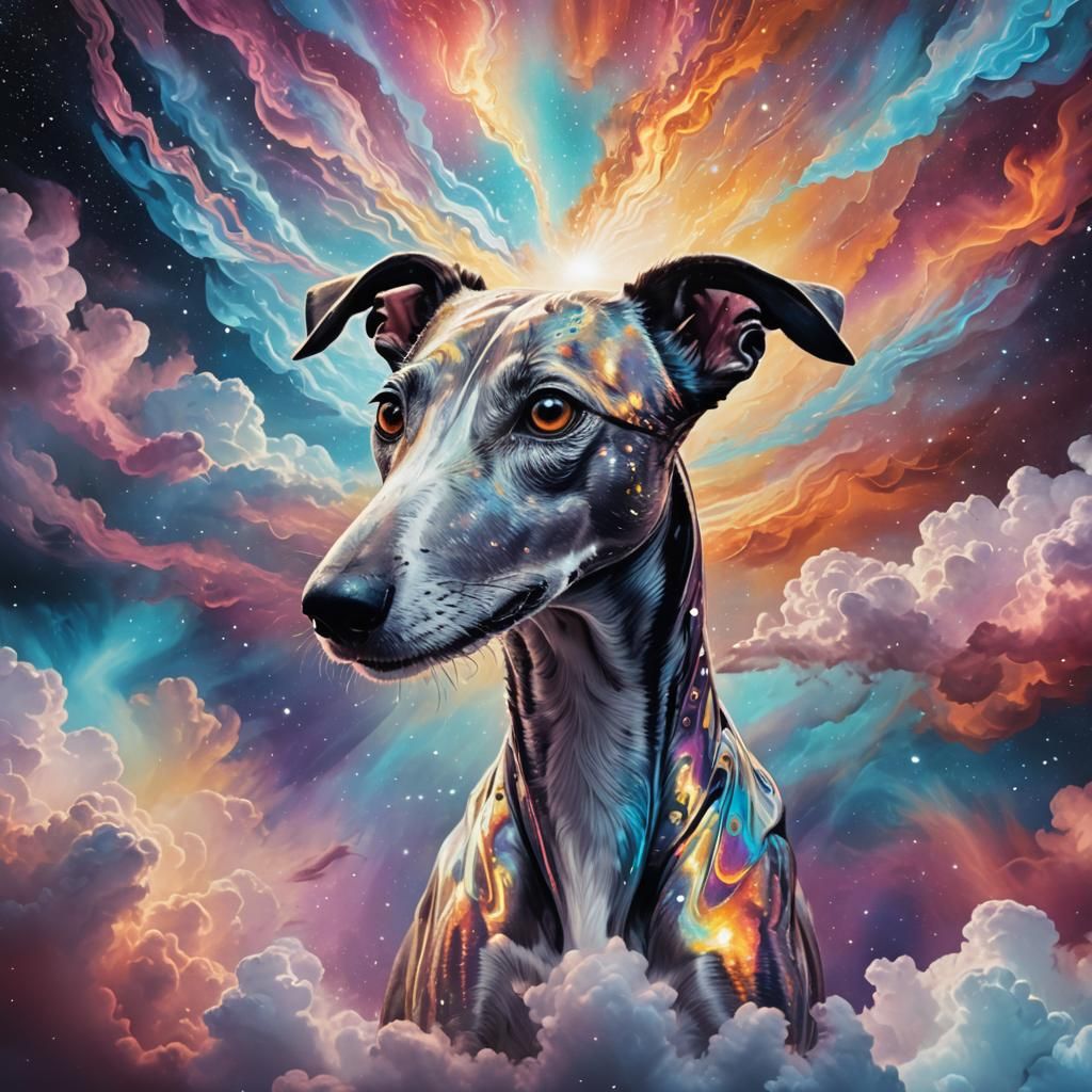 Cosmic Whippet in Astral Dreamscape: Surreal Illustration