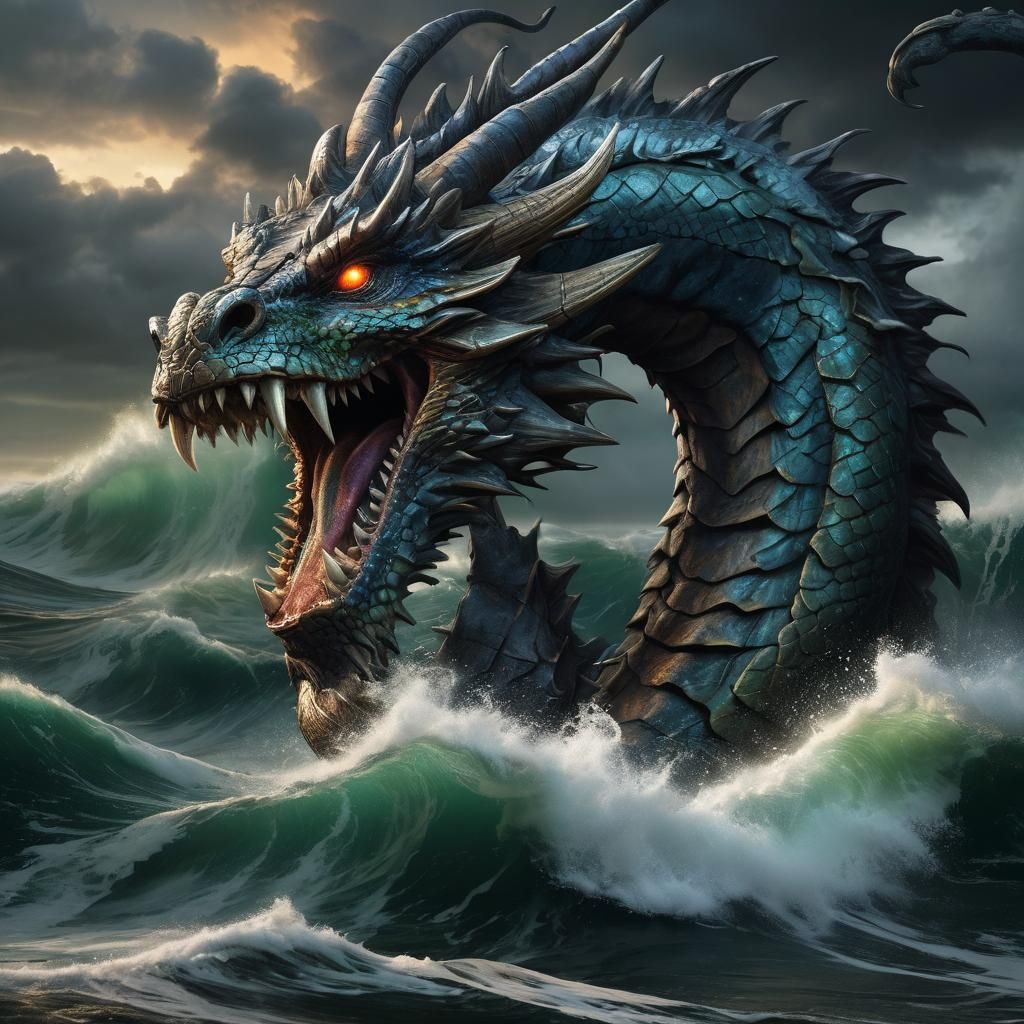 Mythical Earth Dragon Serpent Rising from Stormy Sea