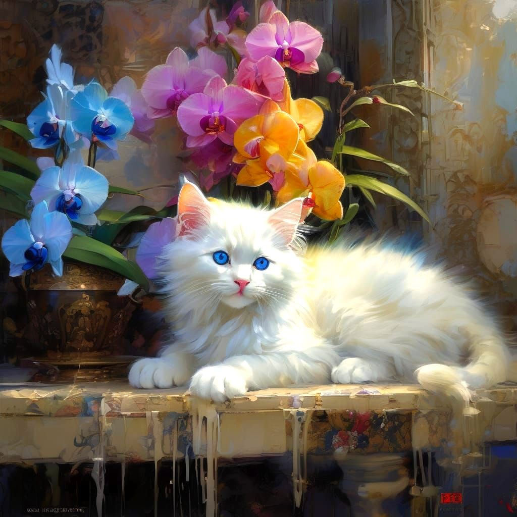 Whimsical Realism Kitten Portrait in Vibrant Orchids