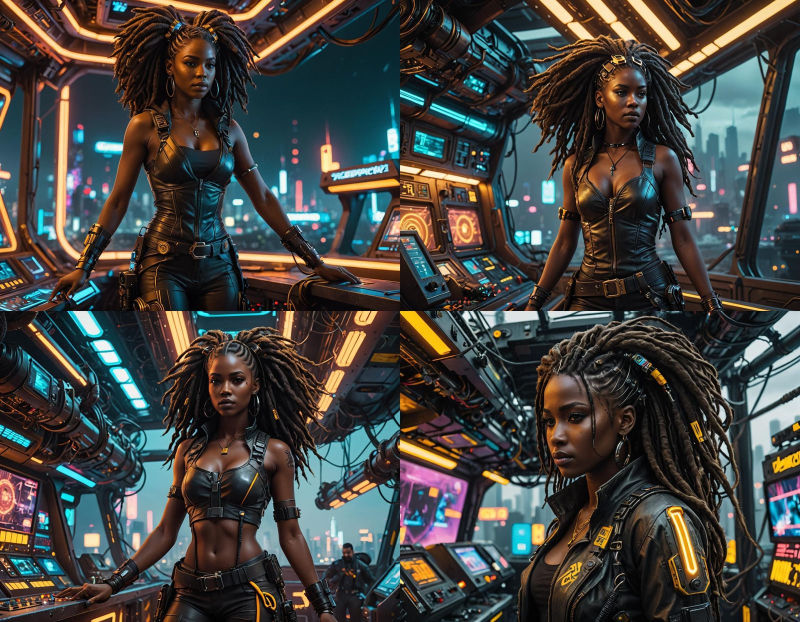 Cyberpunk Woman with Cable Hair on Flying Pirate Ship