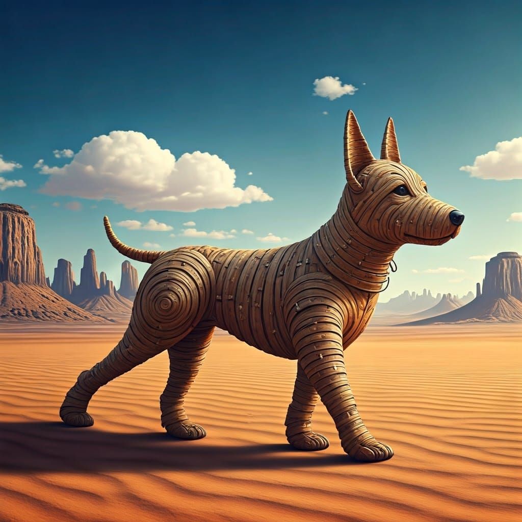 Wicker Dog Walks Across Desert Landscape