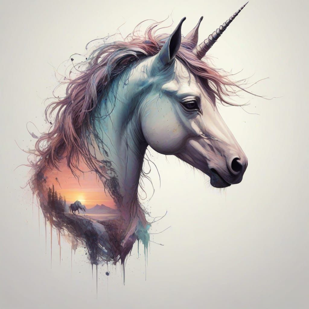 Ethereal Unicorn Silhouette in Pastel Sunset Landscape