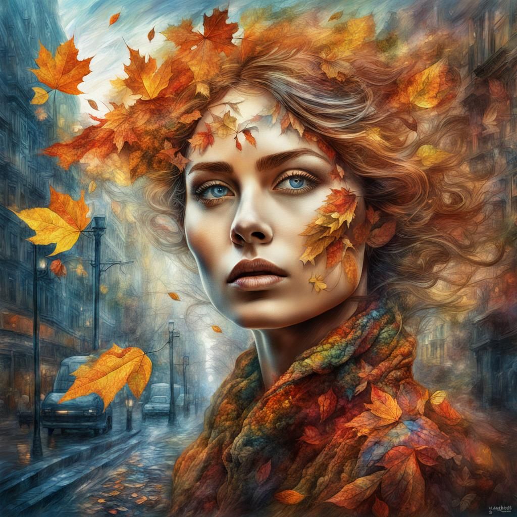 Surreal Autumn Woman in Cityscape