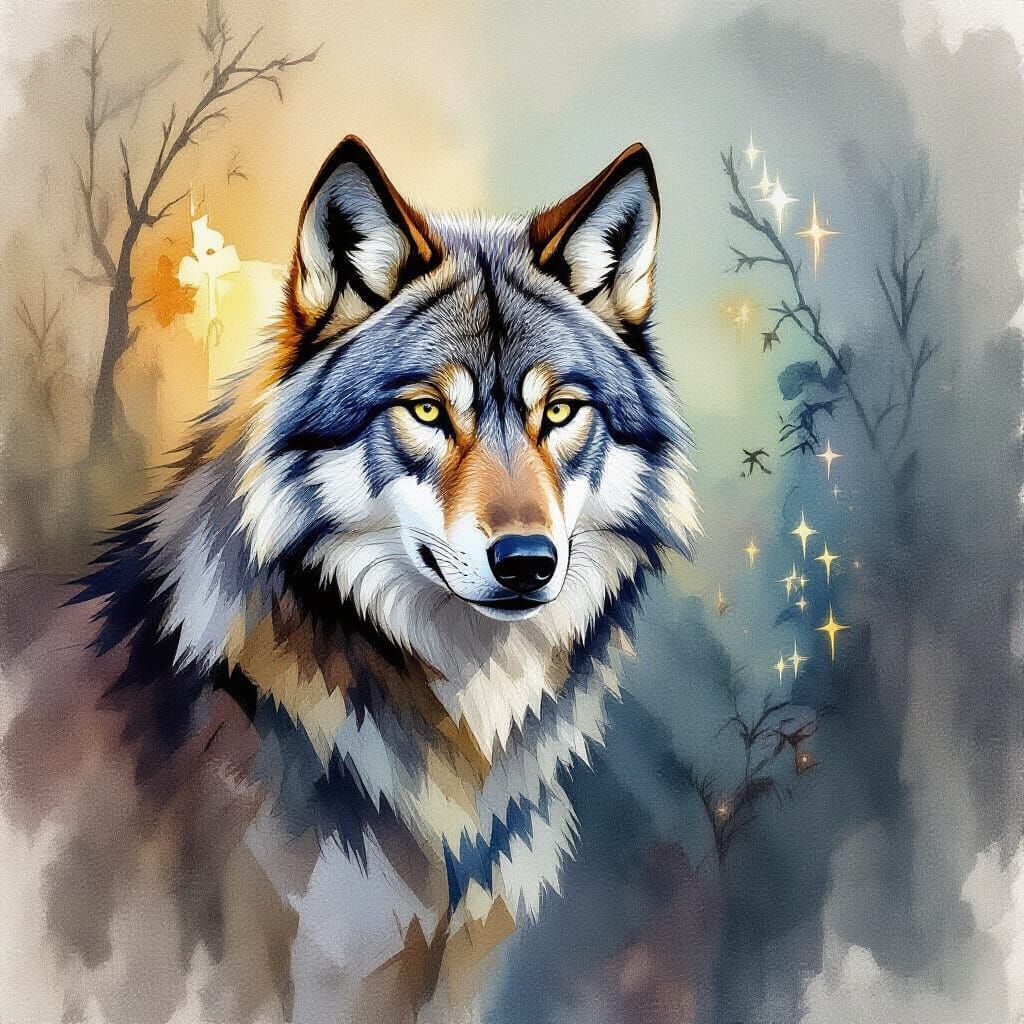 Picasso-Inspired Cubist Wolf with Glowing Runes