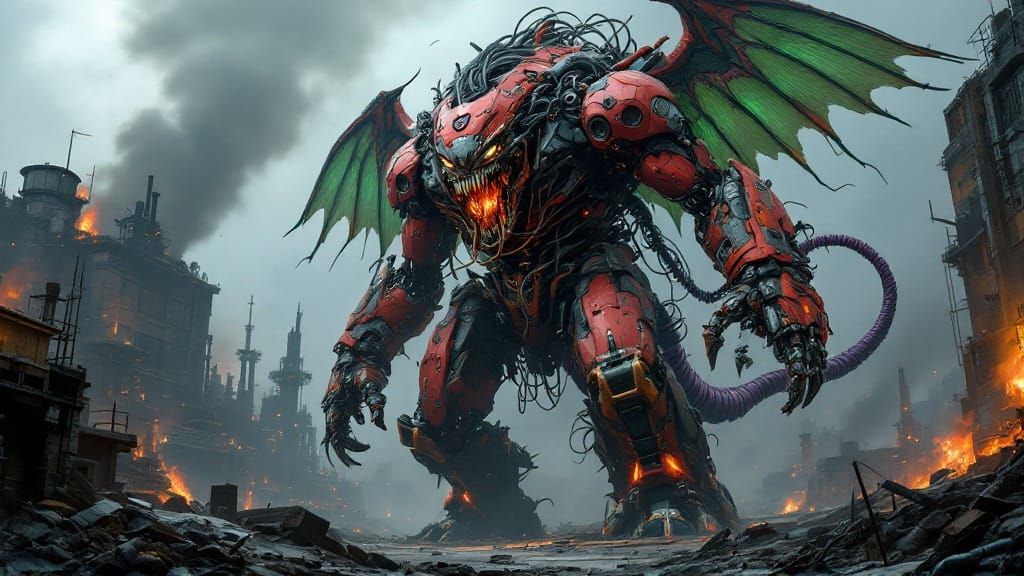 Cyberpunk Biomechanical Beast in Industrial Ruins