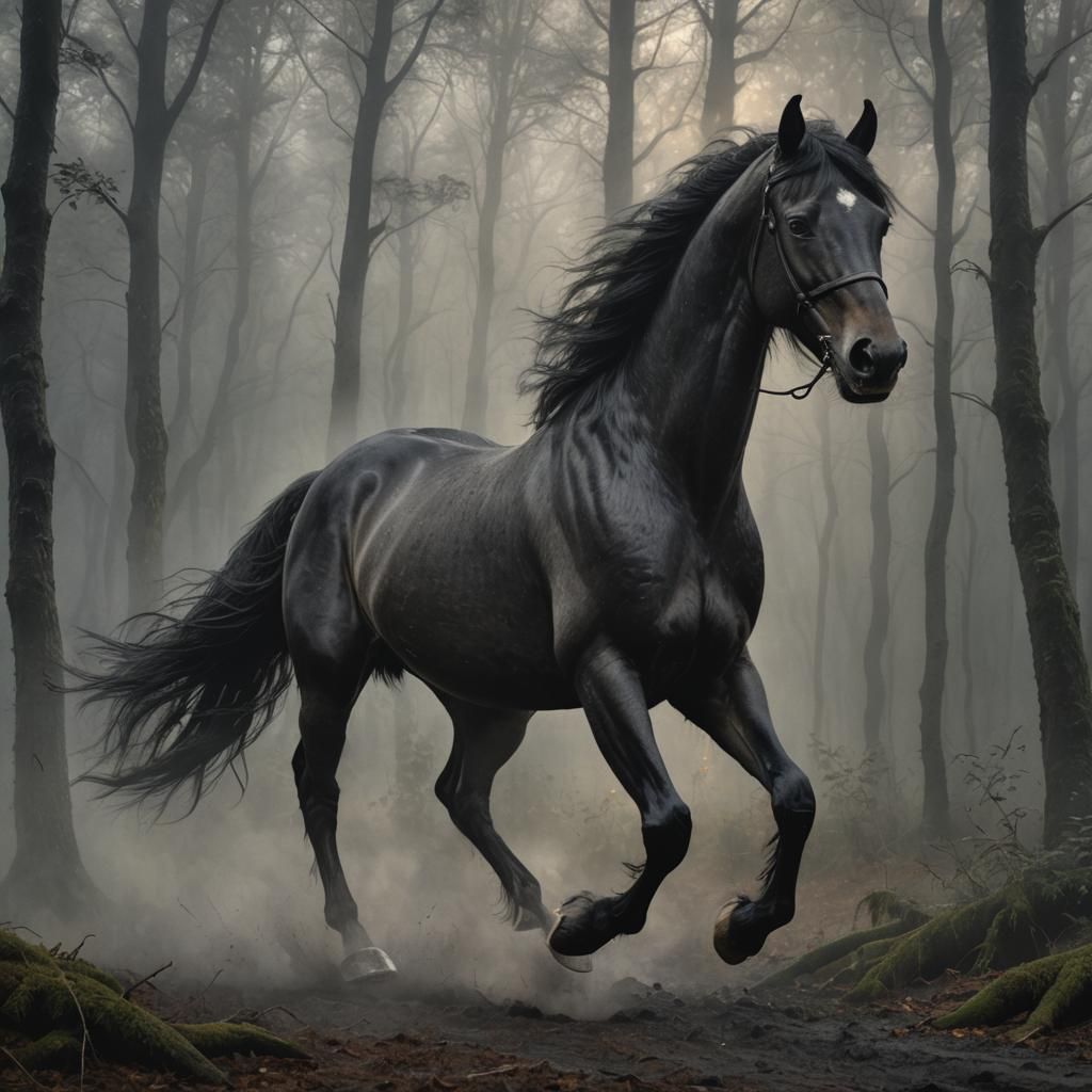 Black Horse Runs in Dark Forest: Hyper-Realistic Art