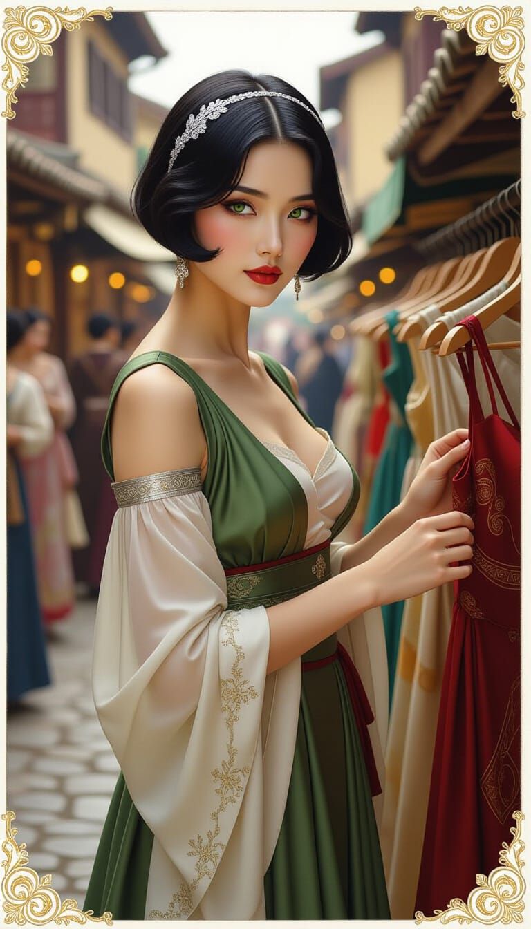 Elegant Asian Woman in Medieval Town, Pre-Raphaelite Style