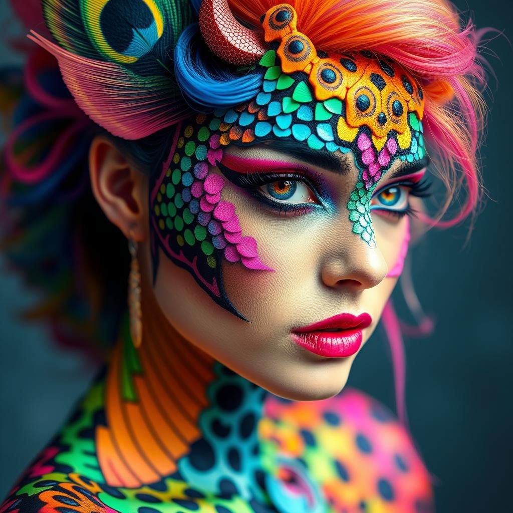 Woman with Rainbow Scales in Synthwave Style