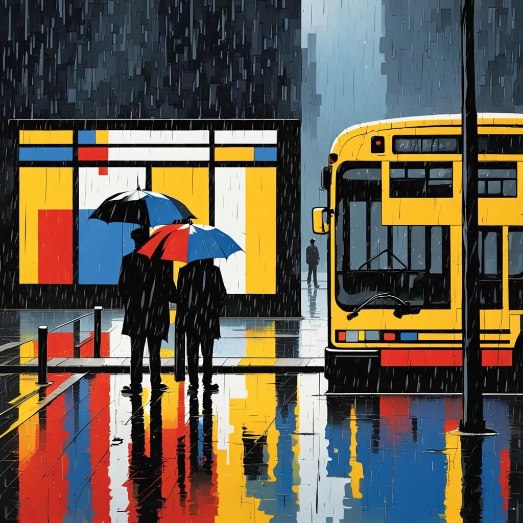 City Bus Stop in the Rain, Mondrian Style