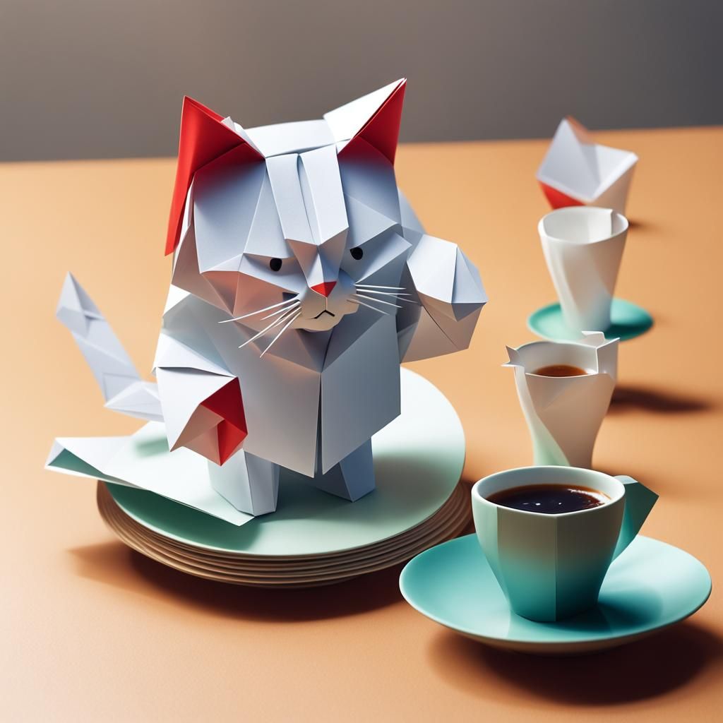 Origami Cat Chaos: Cup Spill on Table