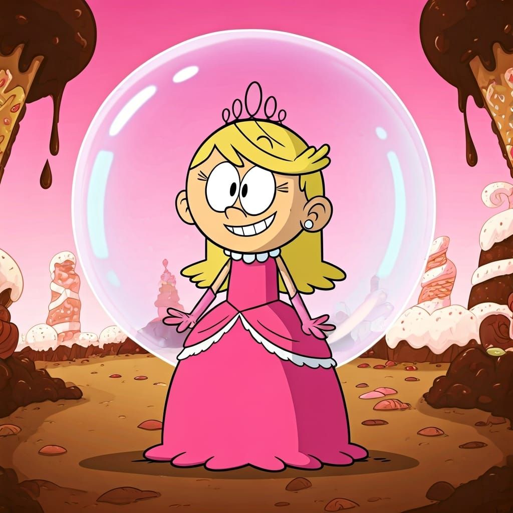 imagine Lola Loud from The Loud House as a regal bubble princess ruling over a kingdom of sweets and treats, with candy ...