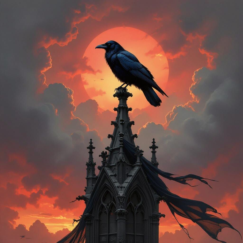 Raven on Gothic Spire in Stormy Sky