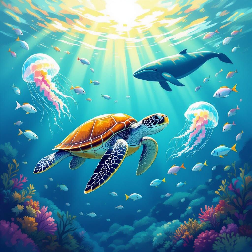 Sea Turtle's Dreamy Underwater World in Glowing Colors