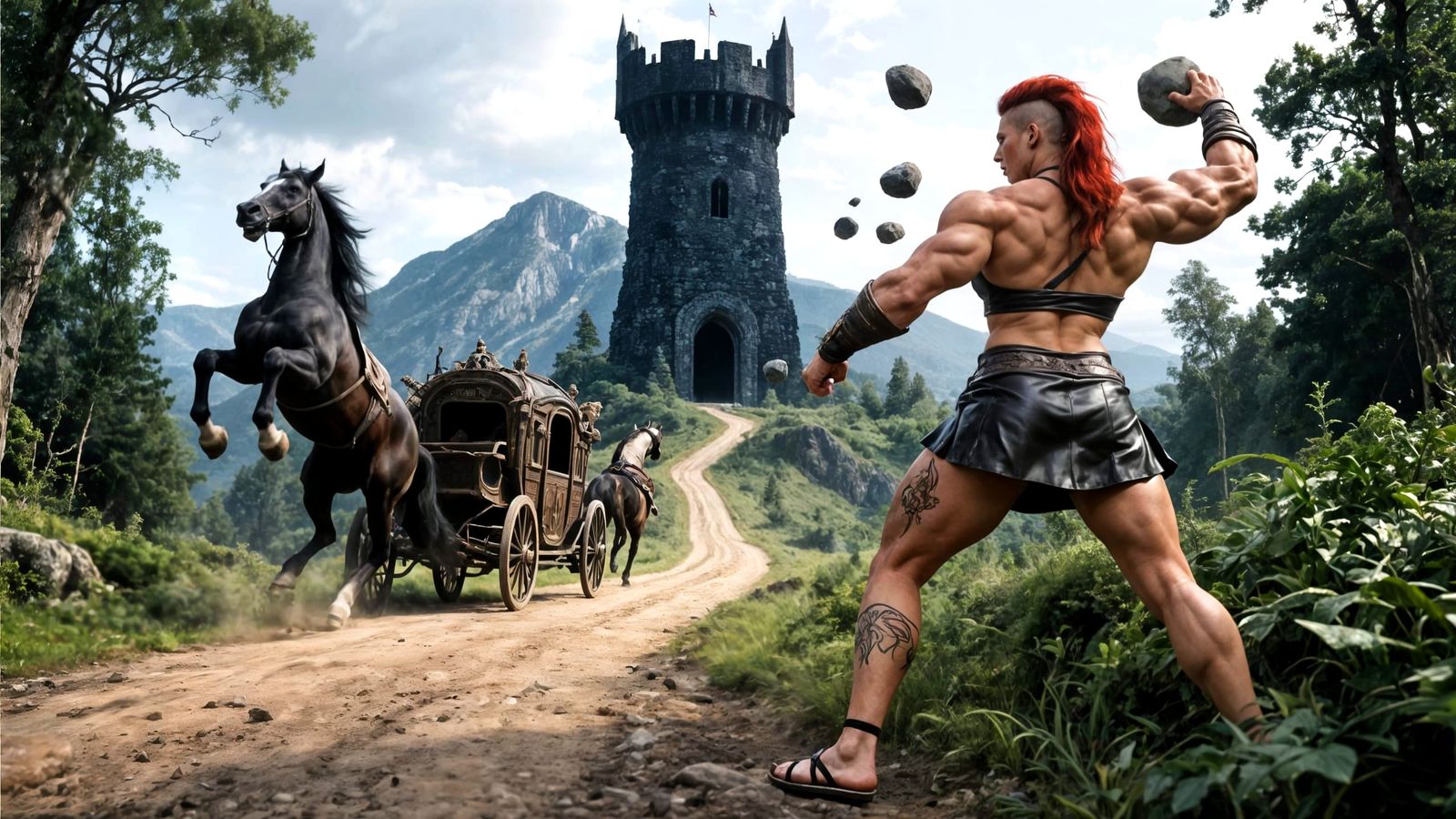 Amazon Warrior Attacks Horses Near Fantasy Tower