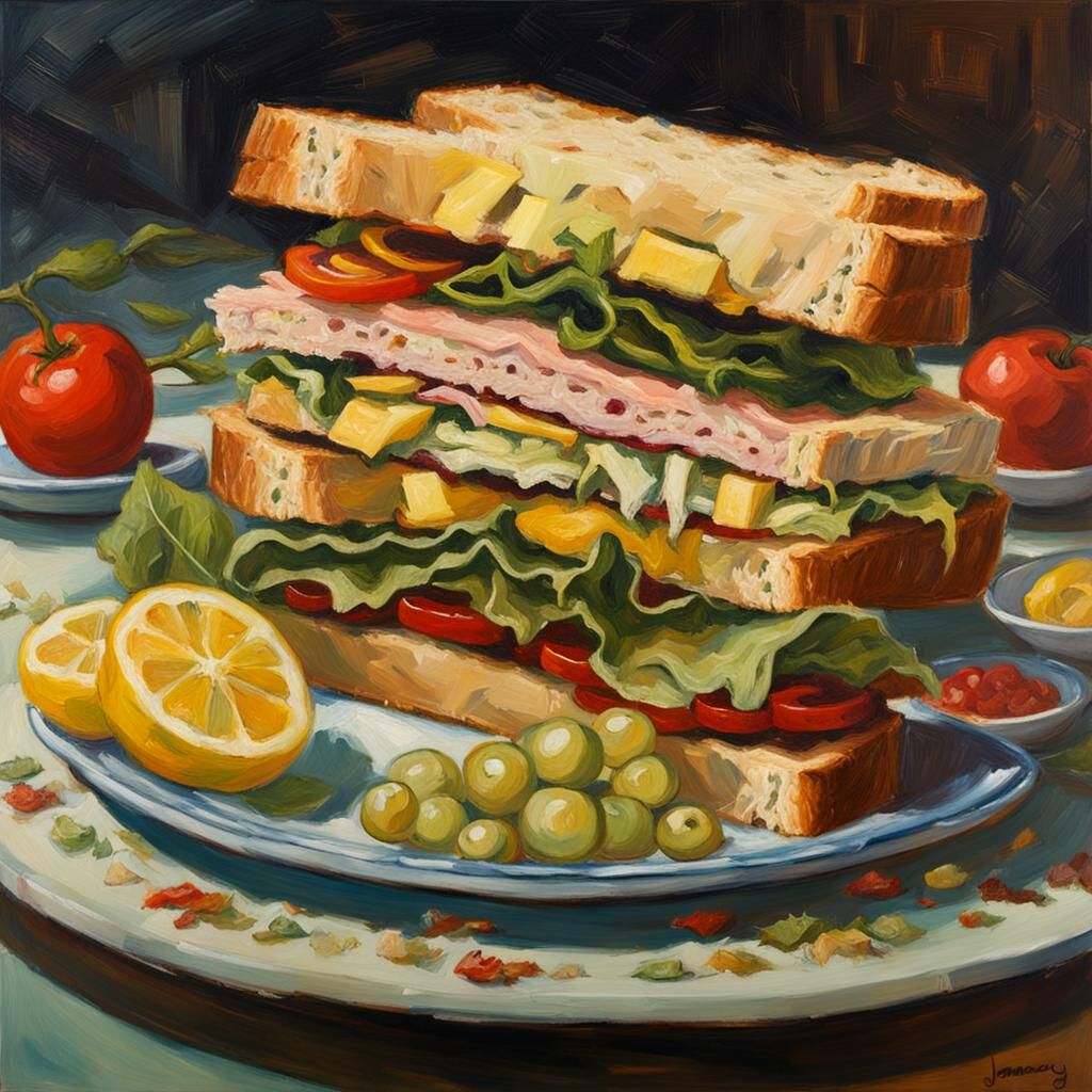 Happy Sandwich on Platter: Oil Painting