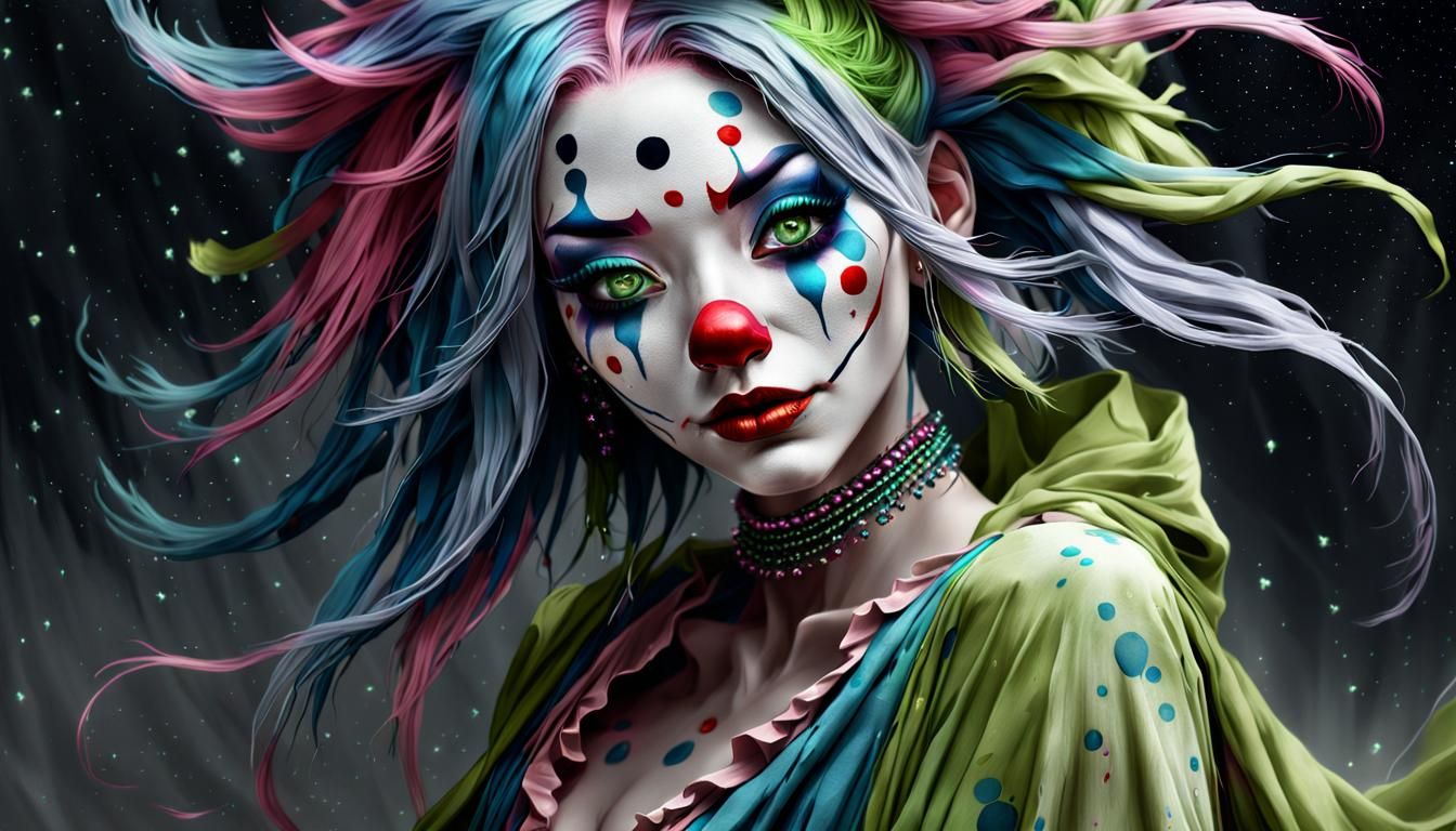 Grayscale Kabuki Clown Doll with Fireflies