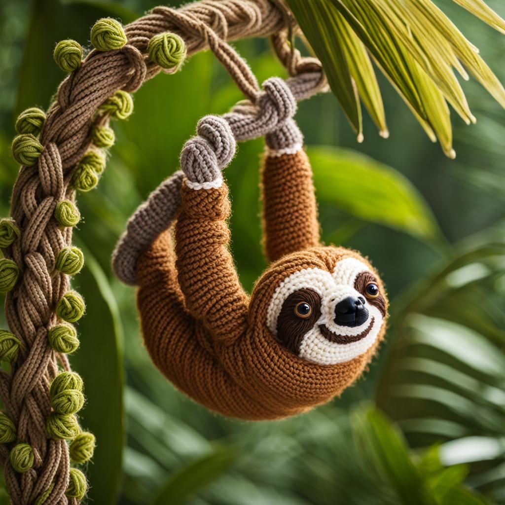 Cute Crochet Sloth Hanging in Rainforest