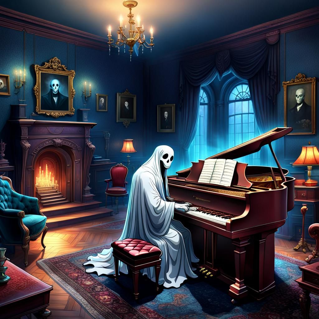 Ghost Plays Piano in Colorful Living Room: Hyperrealistic Di...